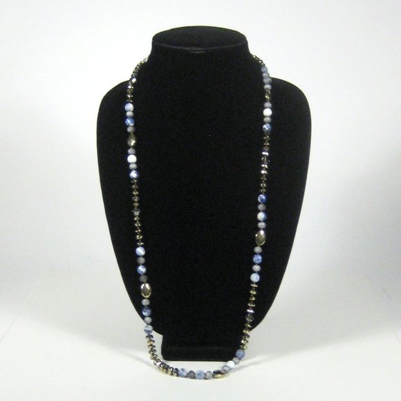 Necklace Blue Stone Beaded Goldtone Faceted Metal 36 inch Strand Statement - Picture 3 of 6